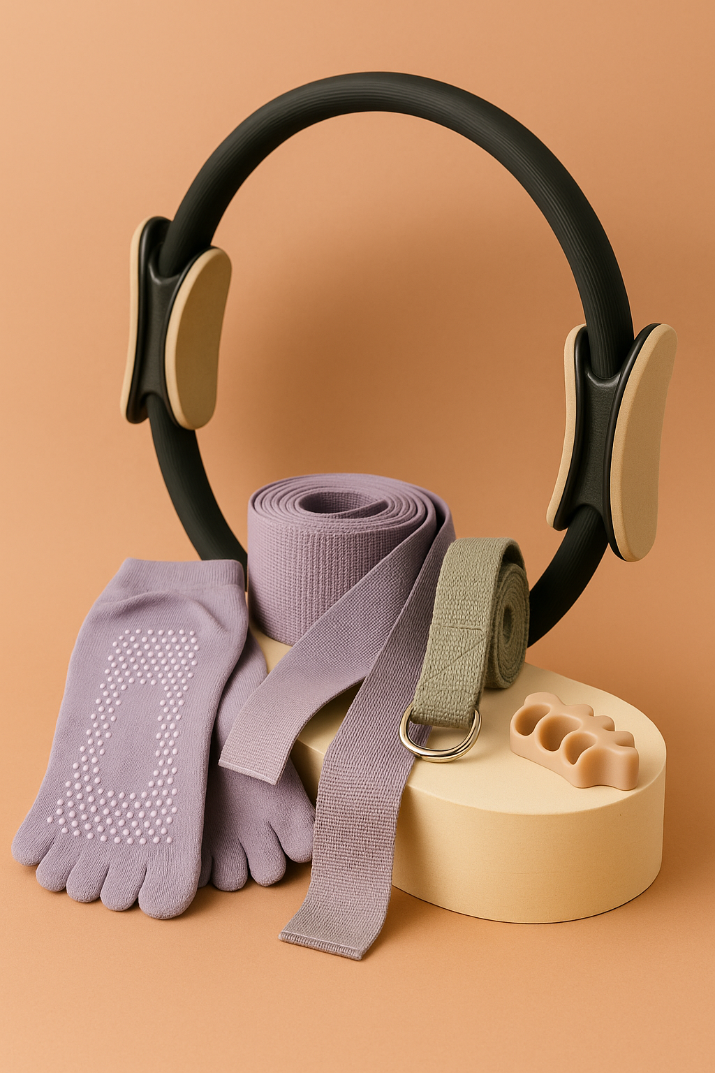 Accesorios de Pilates como aro, calcetines antideslizantes y bandas elásticas sobre fondo en tonos cálidos.