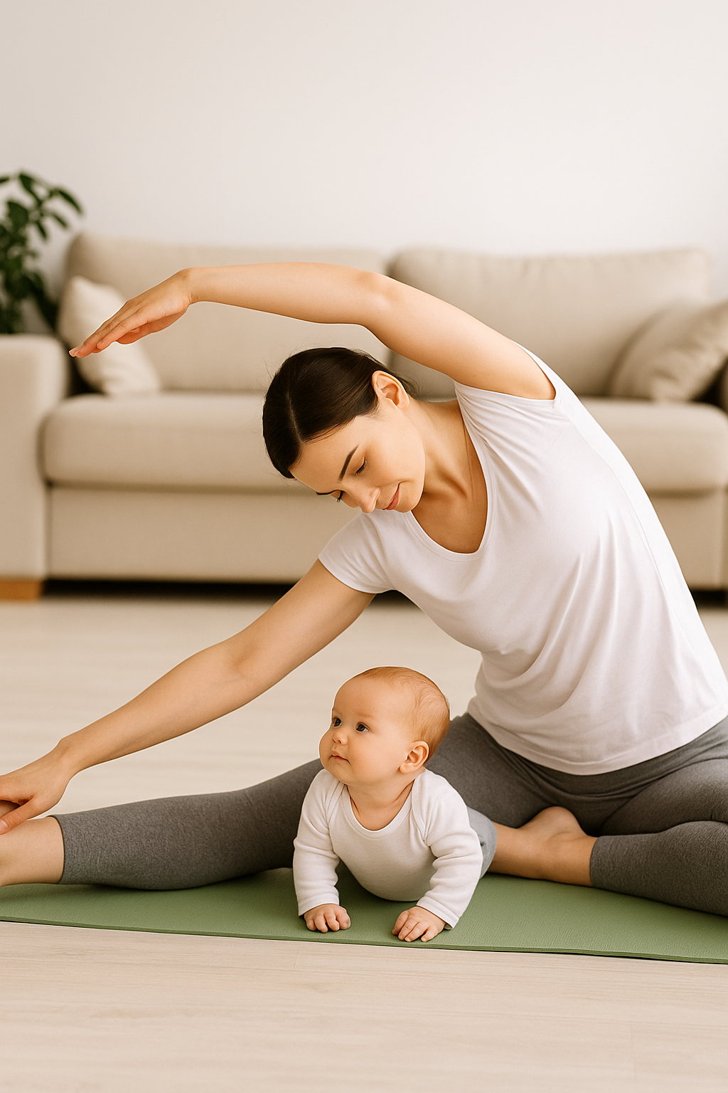 Madre practicando Pilates Posparto en casa con su bebé en una postura relajada.